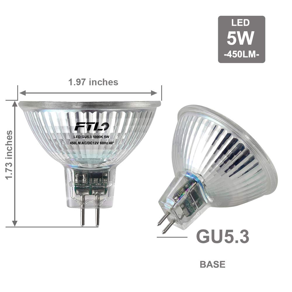 MR16 LED Bulb Non Dimmable 5000K Daylight White 5W AC/DC 12V 50W Halogen Equivalent 500lm GU5.3 Bipin Base 40 Degree Spotlight for Track Recessed Lighting and Outdoor Landscape Lighting 6-Pack