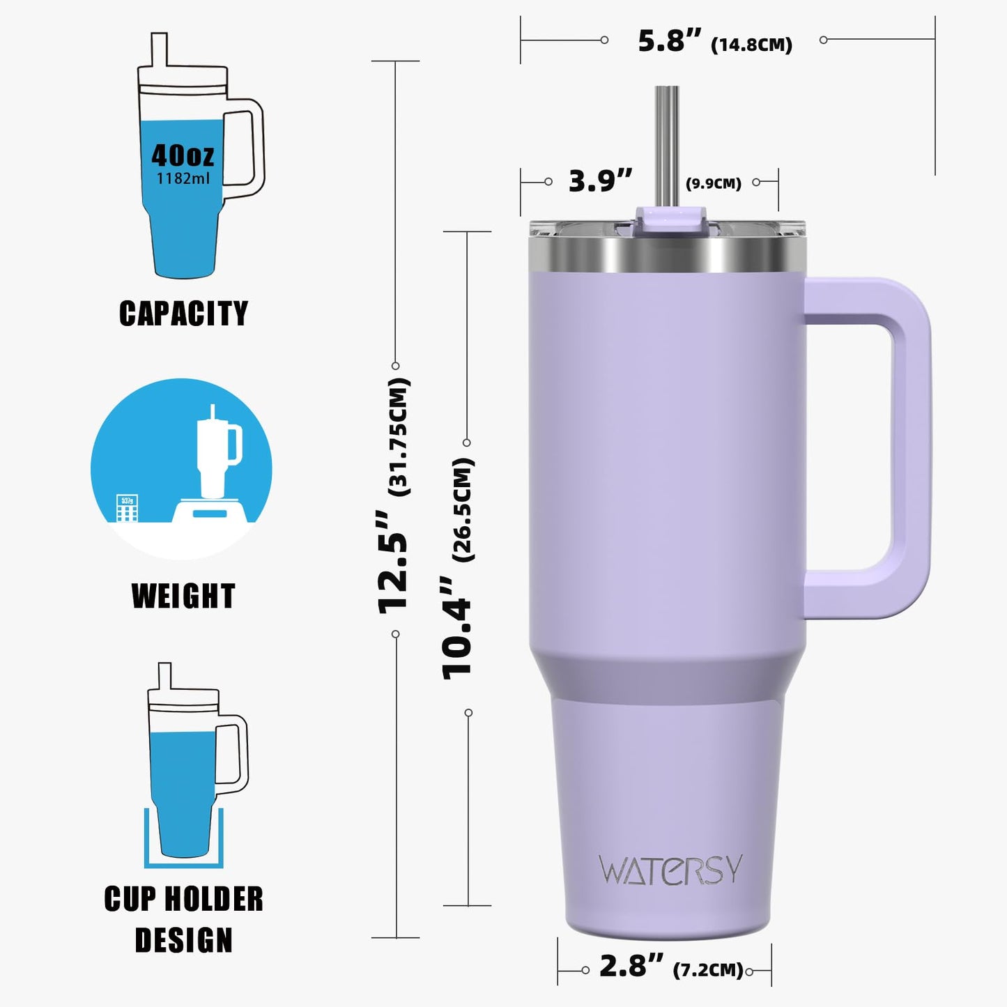 WATERSY 40 oz Tumbler with Handle,Tumbler with Lid and Straw,Double Wall Insulated Cup Stainless Steel Travel Mug(Cold for 34 Hours),Water Bottle for Iced Tea,Coffee,Cold Beverages(Purple)