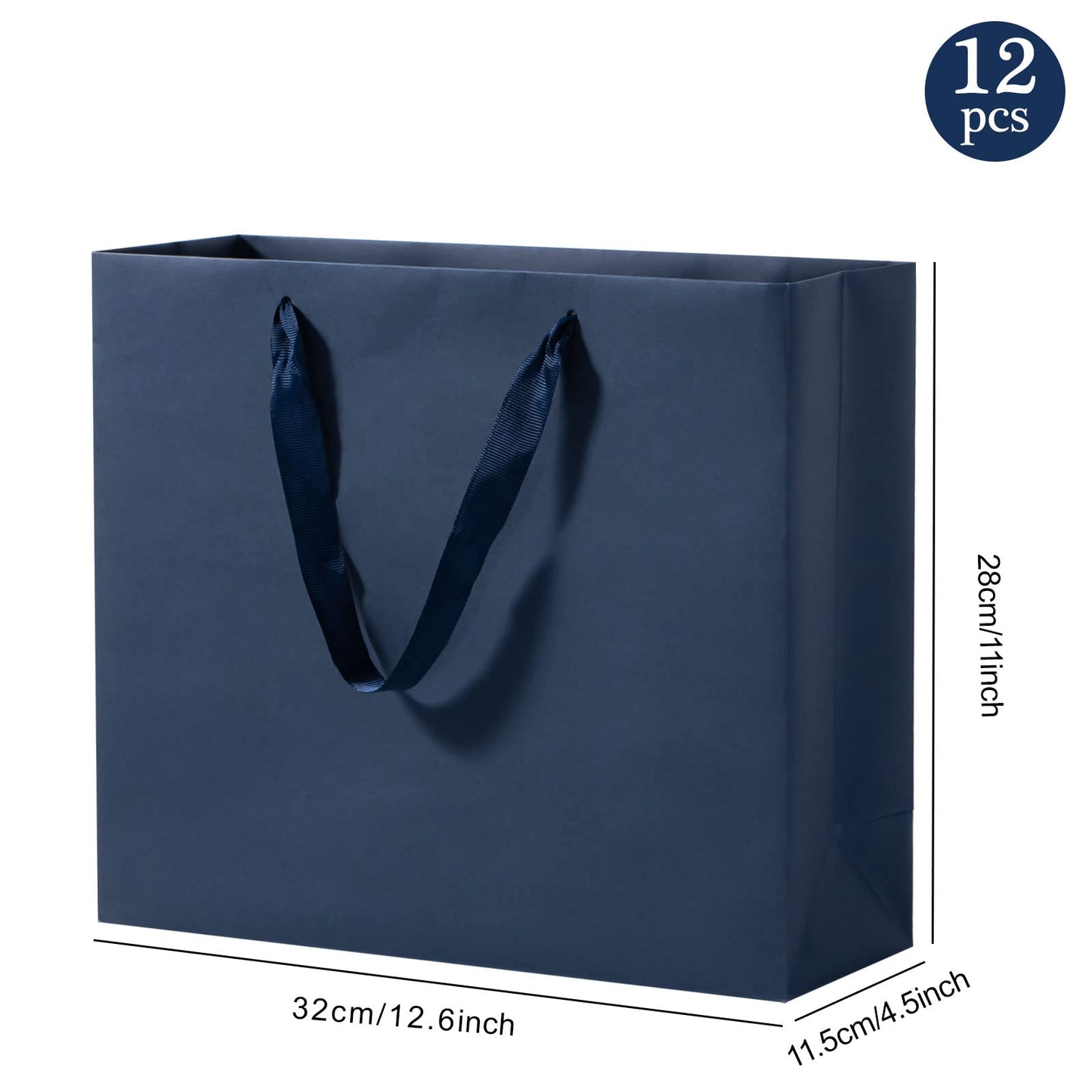 Umoonfine Umoofine Large Navy Blue Gift Bag with Ribbon Handles 12 Pack, 12.6x4.5x11 inches Extra Large Navy Reusable Heavy Duty Kraft Navy Blue Kraft Paper Bags Bulk for Shopping, Gift, Retail