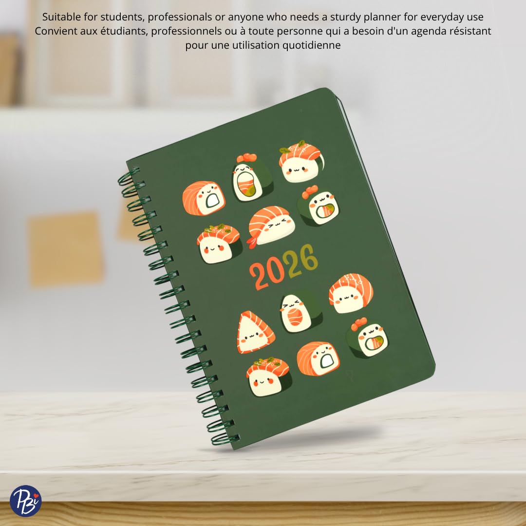 Pierre Belvédère - 2026 Annual Agenda Bilingual - 12 Months - Weekly Planner - 7.5” x 9.6” - Hardcover Spiralbound - Year Monthly Daily Planner - Sushi - 442483
