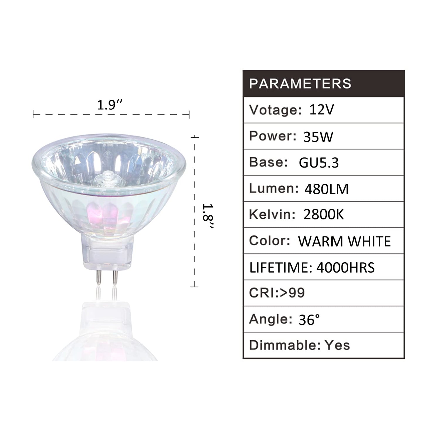 GMY MR16 Halogen Bulb 35W, Dimmable 12V MR16 GU5.3 Spotlight, 4000Hrs Long Lifetime, 2800K Warm White 480LM, 36° Beam Angle Bi-Pin Base 6Pack