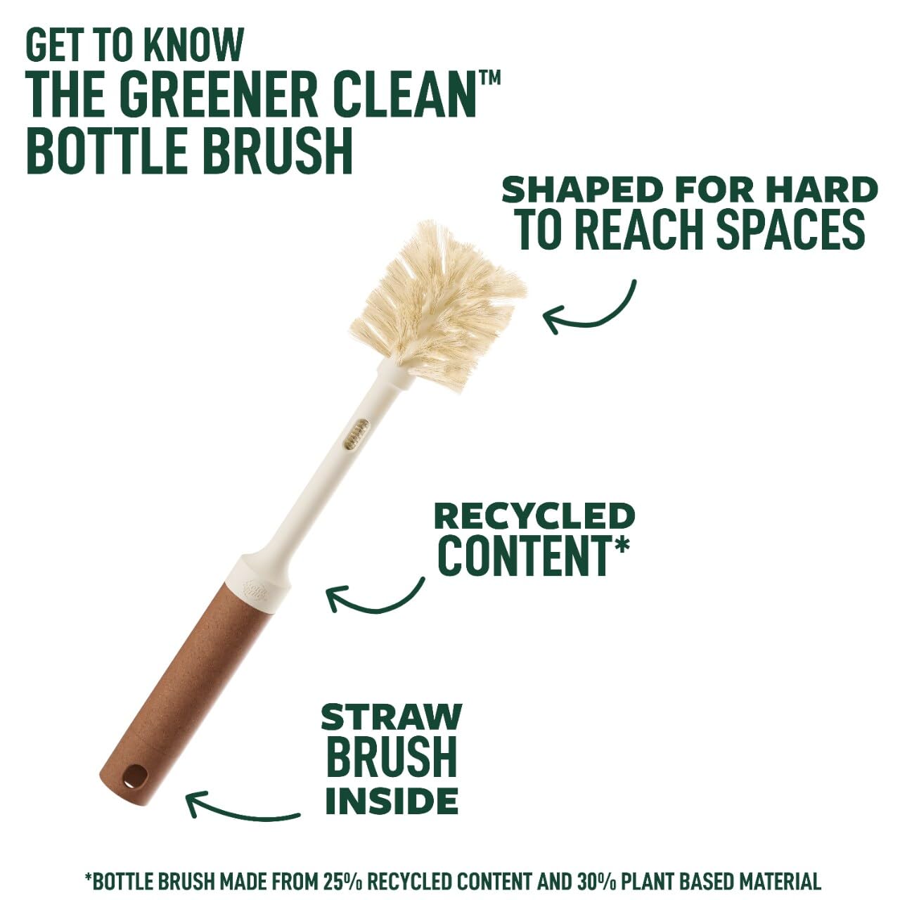 Scotch-Brite Greener Clean Bottle & Straw Brush Set, Includes 2 Replaceable Bottle Brush Heads, Safe on Insulated Mugs, Water Bottles, Glassware, Food Processors & blenders, Cleanse in Dishwasher