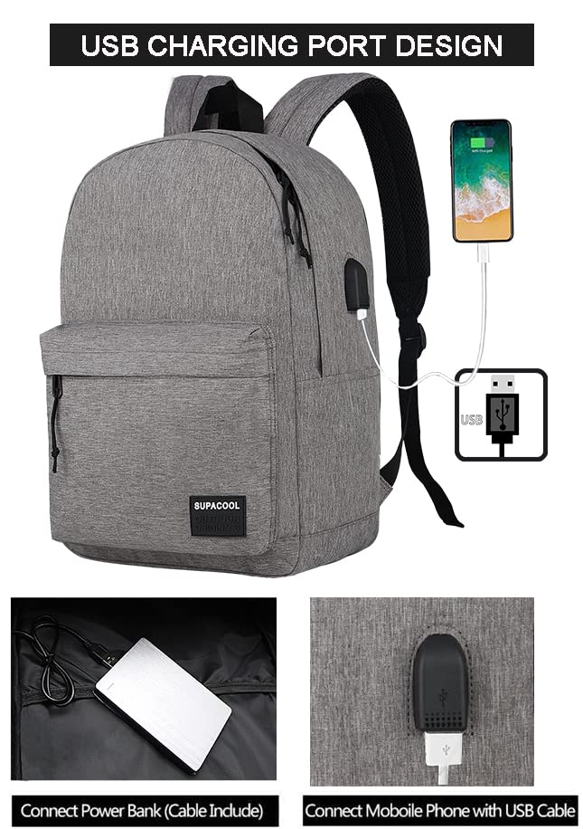 SUPACOOL Casual Laptop Backpack for Men and Women, Backpack for College, USB Charging Port, Lightweight Pack Back(Light grey)