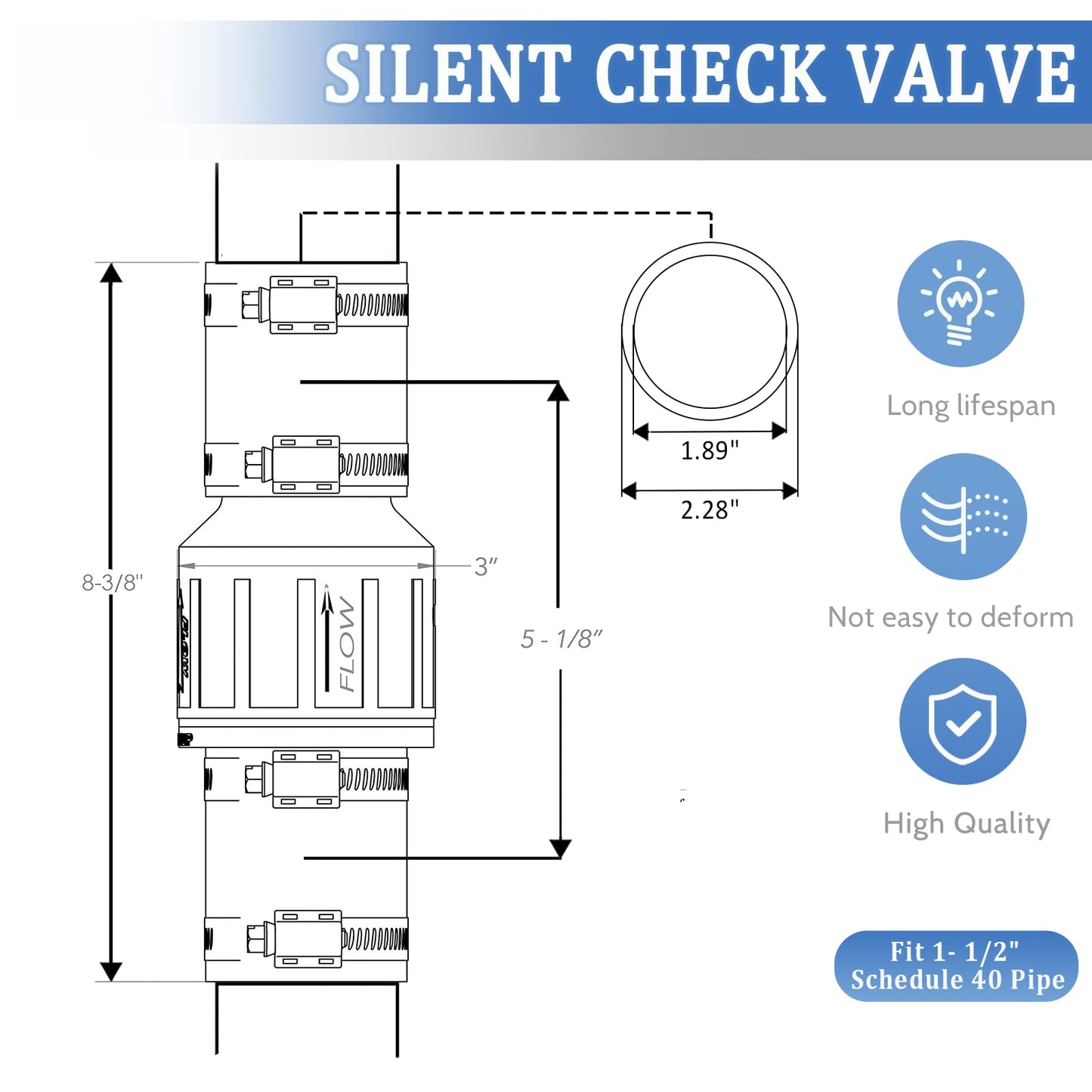 1-1/2" Silent Check Valve - CV150,Visual Sump Pump Check Valve with Buna-N Couplings & Steel Clamps - Spring Loaded Flapper for Backflow Prevention,Reduces Water Hammer Effect
