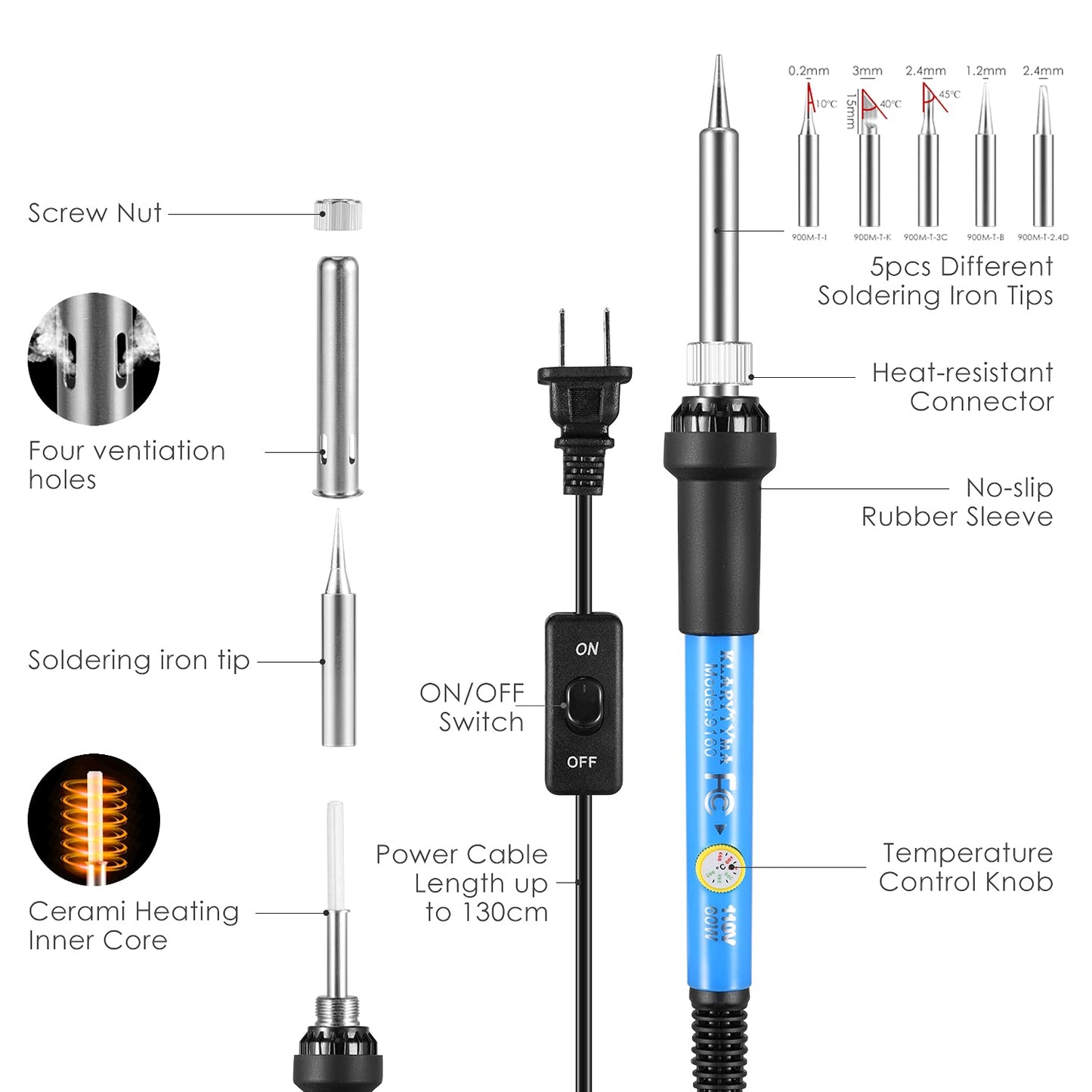 Soldering Iron Kit Electronics, 60W Soldering Welding Iron Tools with ON-Off Switch, 5pcs Soldering Iron Tips, Solder Sucker, Soldering Iron Stand, Tweezers, Solder Wire, Wire Cutter, PU Carry Bag