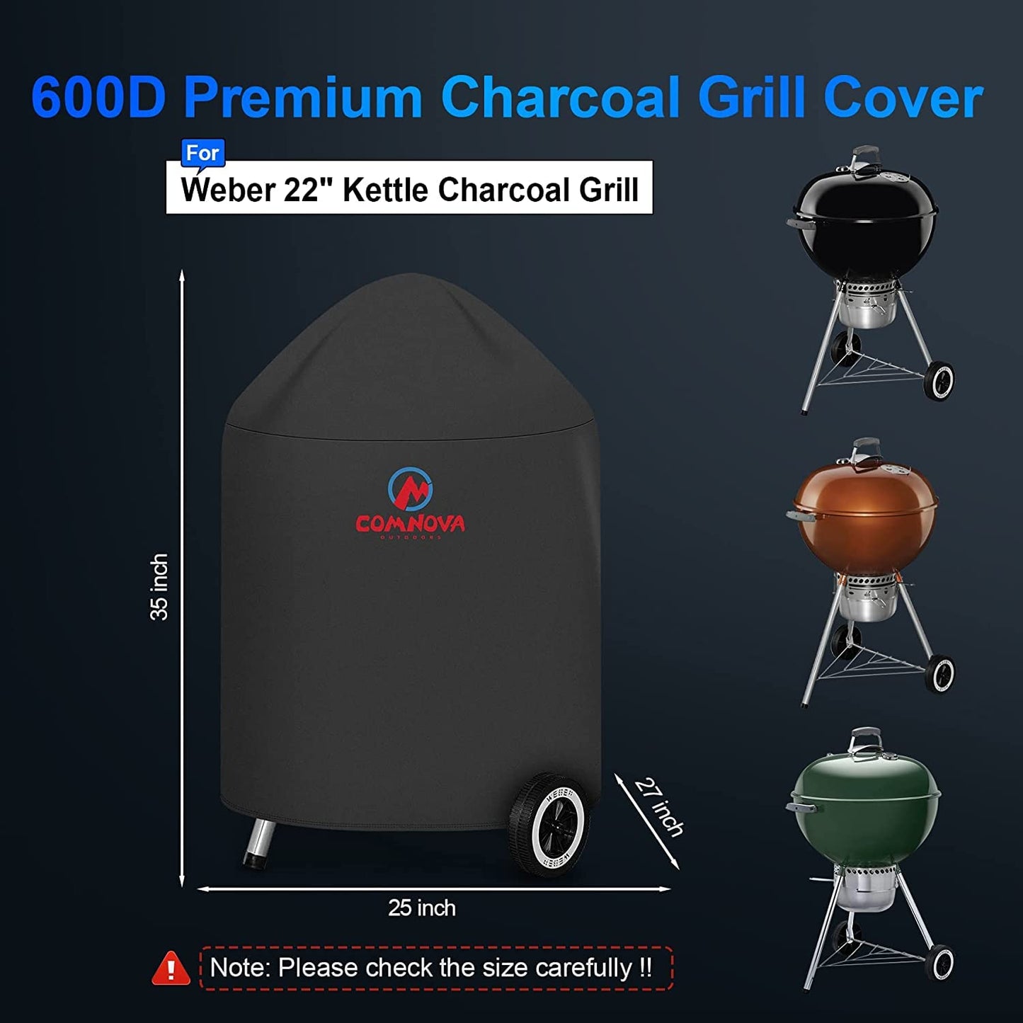 Comnova 22 Inch Kettle Grill Cover - 600D BBQ Cover for Weber Charcoal Grill, Heavy Duty & Waterproof for Weber Master Touch, Original Kettle Grill and More