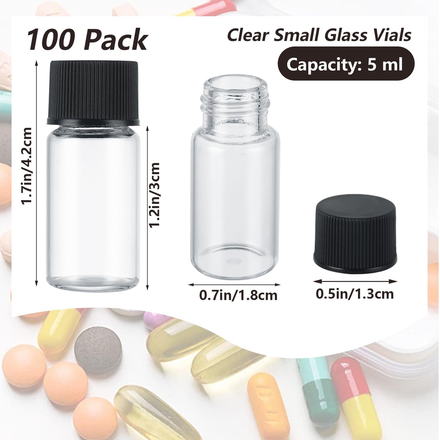 100 Pieces Glass Sample Vial, 5ml Clear Small Glass Vials with Black Plastic Screw Caps for Aromatherapy, Perfume, Wedding Favors, DIY Crafts