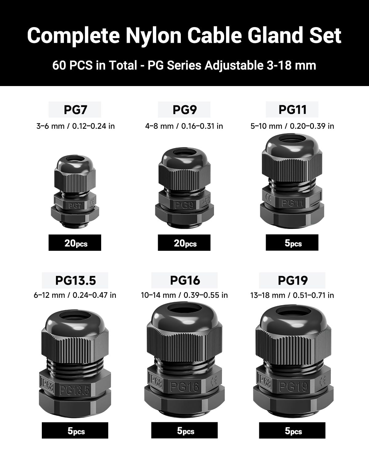 VCELINK 60Pcs IP68 Waterproof Cable Gland Kit - PG7/9/11/13.5/16/19 Thread, Adjustable for 3-18mm Cable Diameter, Black Nylon Cord Grip Connectors, Black