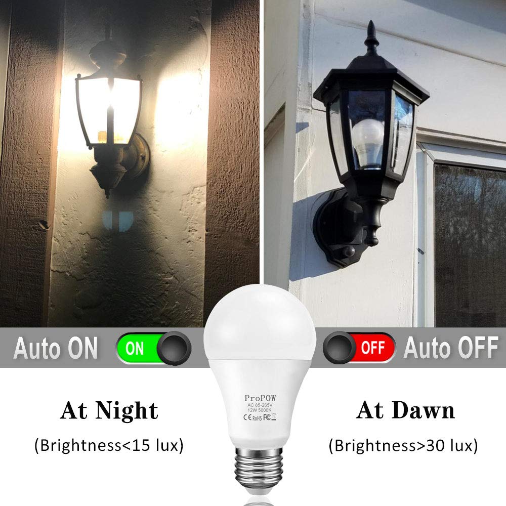 Dusk to Dawn Light Bulb,ProPOW 12W Smart Sensor Bulbs Daylight White 100W Equivalent Automatic Light Bulb Timer Outdoor Lighting for Porch, Garage, Driveway,Yard,Hallway,Patio(E26,1000 lumens,2-Pack)