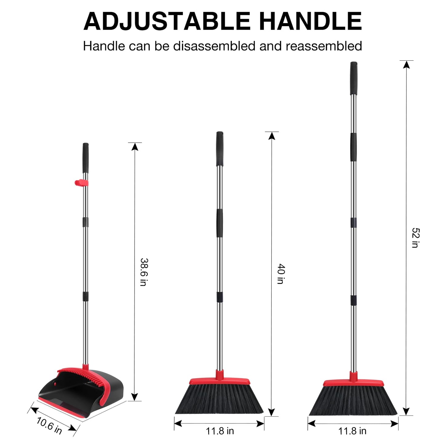 Broom and Dustpan Set, 52-in Long Adjustable Handle Broom Dustpan Combo with Dustpan Teeth to Automatically Clean Hair Suitable for Home Kitchen Office Hall Floor(Black&Red)