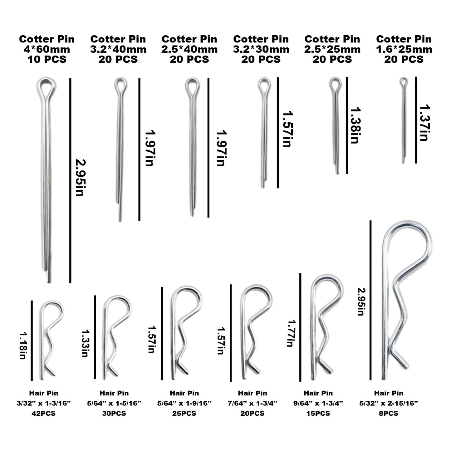 UOIENRT 250Pcs Hairpin Cotter Pin Assortment Kit, Cotter Key R Clips, Cotter Pins and Cotter Pin Set for Hitch, Lawn Mower, Truck (Zinc Plated Steel)