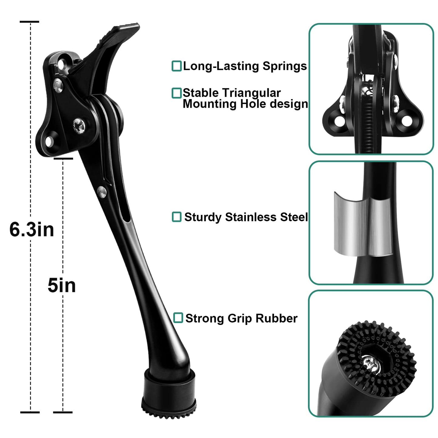 Door Stops, 6 Inch Kickdown Door Stopper with Non-Slip Rubber Tip, One Touch Heavy Duty Bottom Holder, Adjustable Metal Door Stop, 2 Pack, Black