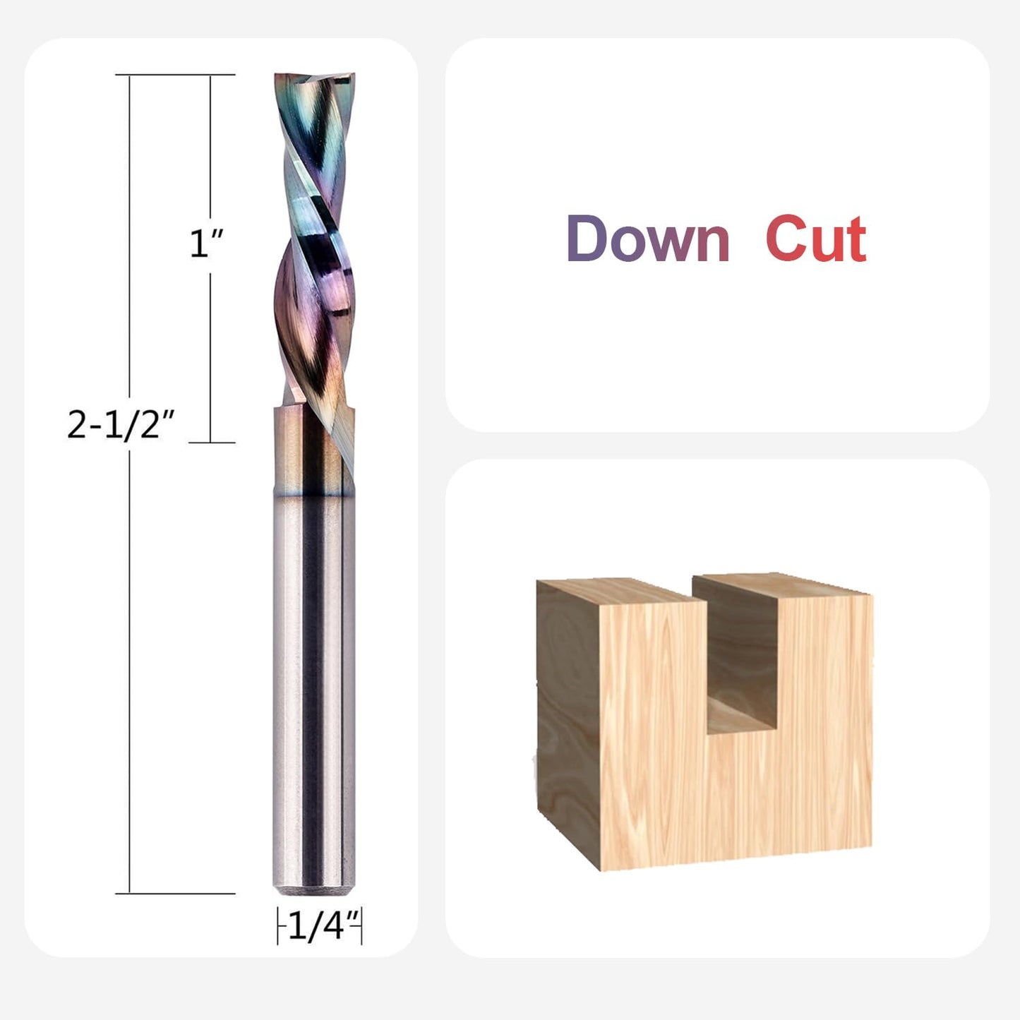 SpeTool 1/4 Shank Down Cut Spiral CNC Router Bits 1/4 inch Cutting Diameter 1 inch Cutting Length with Extra Long Life Coating for Woodwork Mortise Slot End Mill