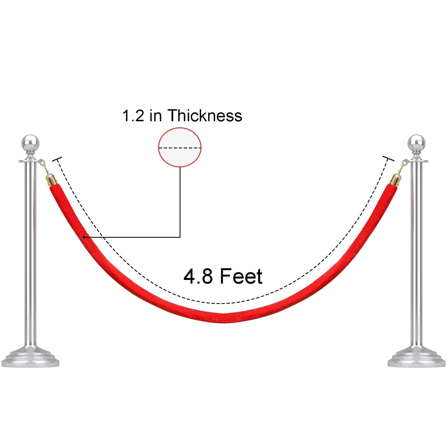Okllen 4 Pcs Red Velvet Stanchion Rope, 5 Feet Crowd Control Queue Line Barrier Rope with Gold Colour Plated Hooks foor Movie Theaters, Spesial Event, Hotel, Ticket Offices