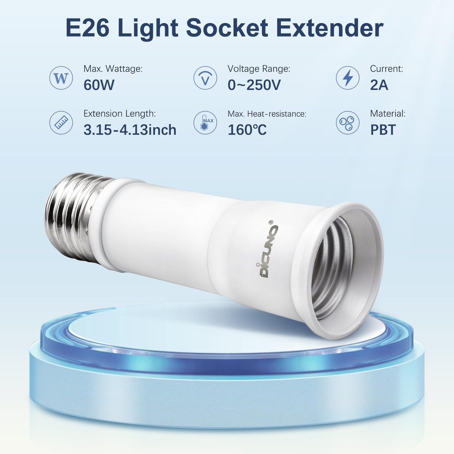 DiCUNO E26 Light Socket Extender, Adjustable 3.15-4.13 Inch Extension, 4-Level Extendable, 6-Pack
