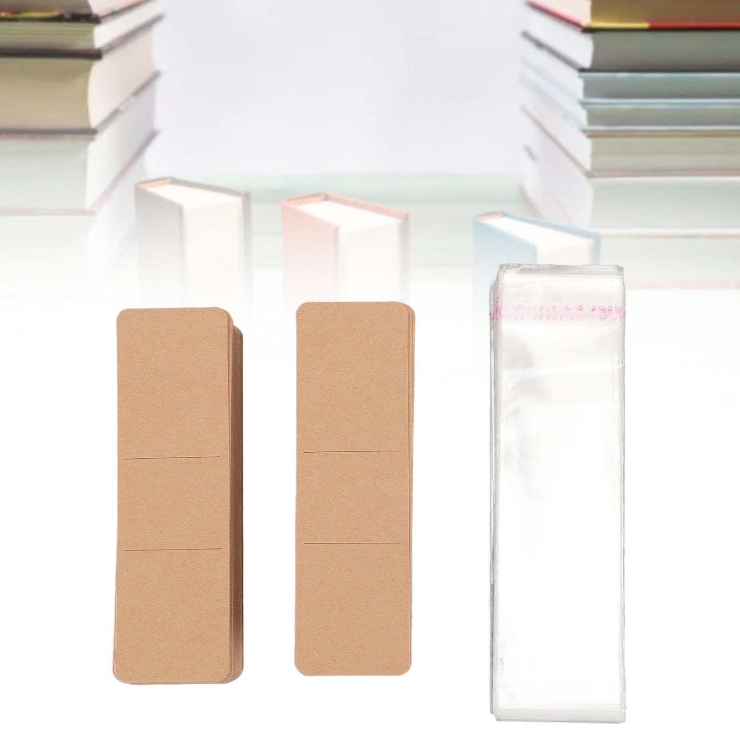Bookmark Sleeves, 200PCS Blank Kraft Bookmarks Sleeves, Bookmarks Display Card and Transparent Self Adhesive Bag for Crafting Bookmark Wrapping