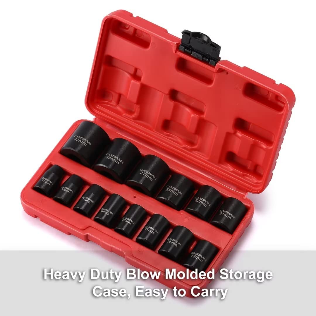 CASOMAN 14 Pieces 1/2-Inch Drive Standard Impact Socket Set, Metric, 6-Point, 11mm to 32mm
