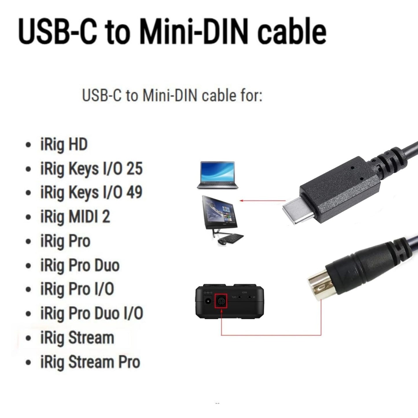 USB-C to Mini-Din MIDI 7 Pin Male Cable, Compatible with IK Multimedia iRig Series HD, HD-A, Keys I/O 25, I/O49, MIDI 2, Pro, Pro Duo, Pro Duo I/O, Pro I/O, Stream,Black (Length: 1.8m/5.9ft)