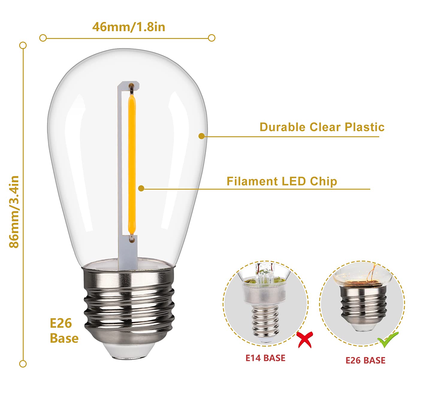 RuiAoTD S14 LED 1W Equivalent to 10W String Light Bulbs Shatter-Resistant Outdoor S14 LED Replacement String Light Bulbs E26 Regular Base 2200K Warm White Clear Plastic Edison Light Bulbs 25 Pack