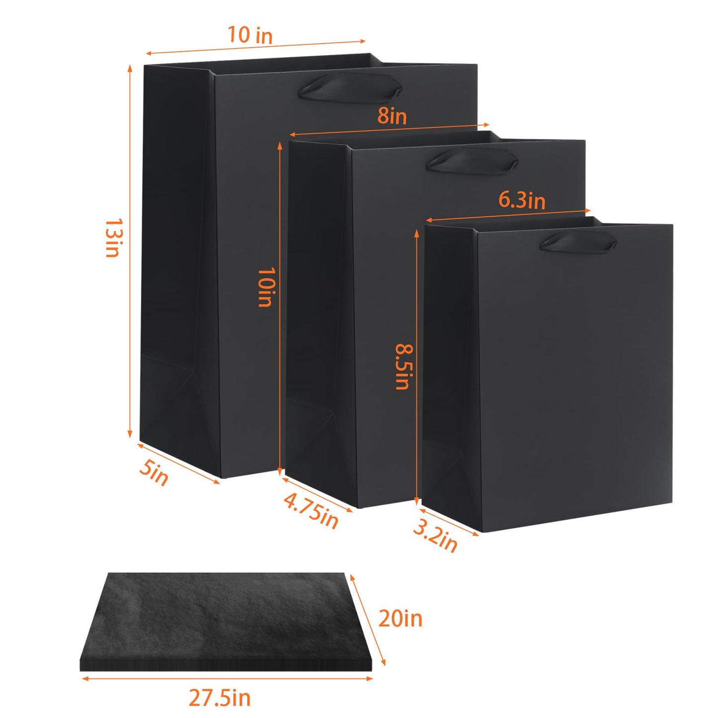 QIELSER 12 Pack Black Gift Bags with Ribbon Handles, Kraft Paper Gift Bags with Tissue Paper 3 Different Sizes in 21.5cm, 25.5cm and 33cm for Party Favor, Wedding, Retail, Business, Graduations