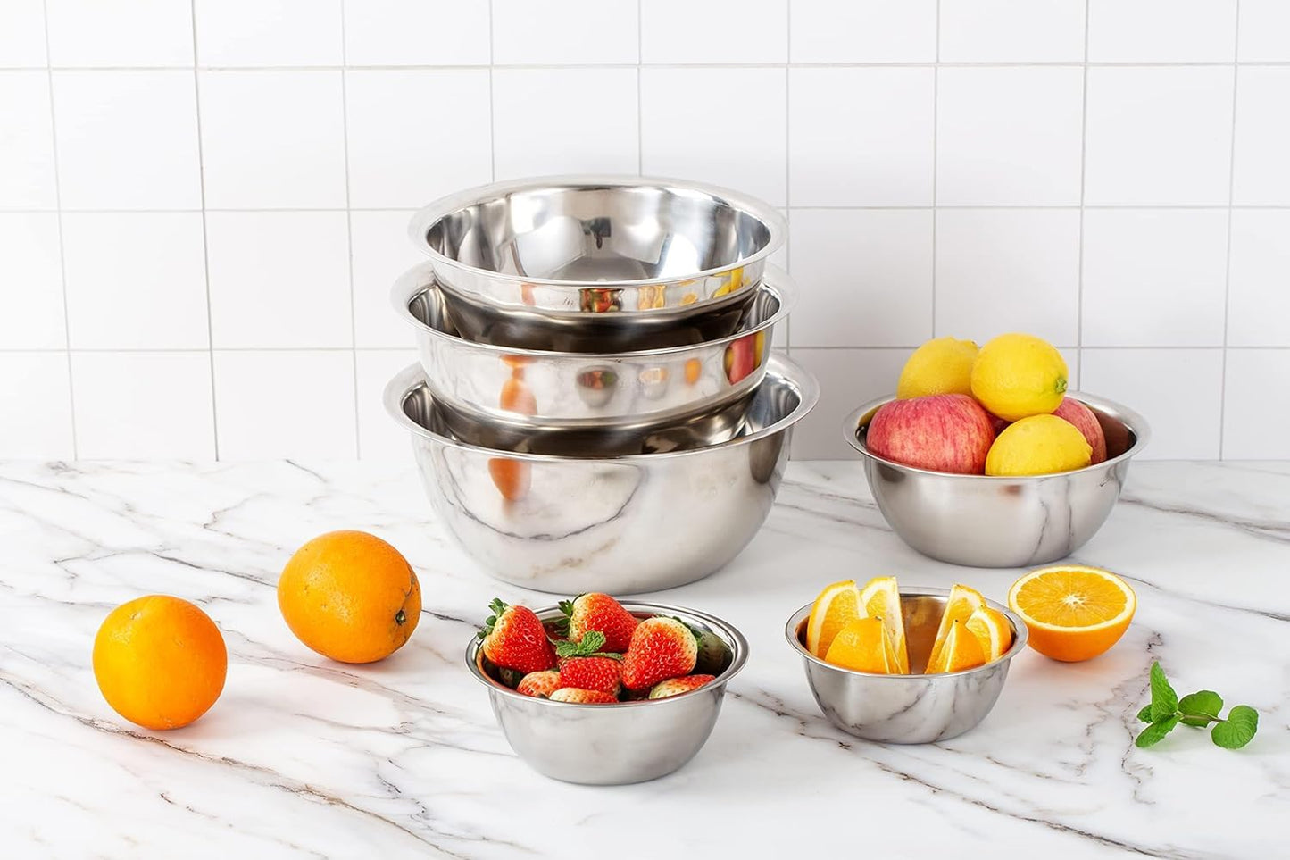Abizarch Stainless Steel Mixing Bowls Set of 5, Small Metal Mixing Bowl for Kitchen Baking, Prepping, Cooking and Serving, Salad,Vegetables, Sizes 9.4“ 8.6“ 7.8” 6.3“ 5.5” (Lid not Included)