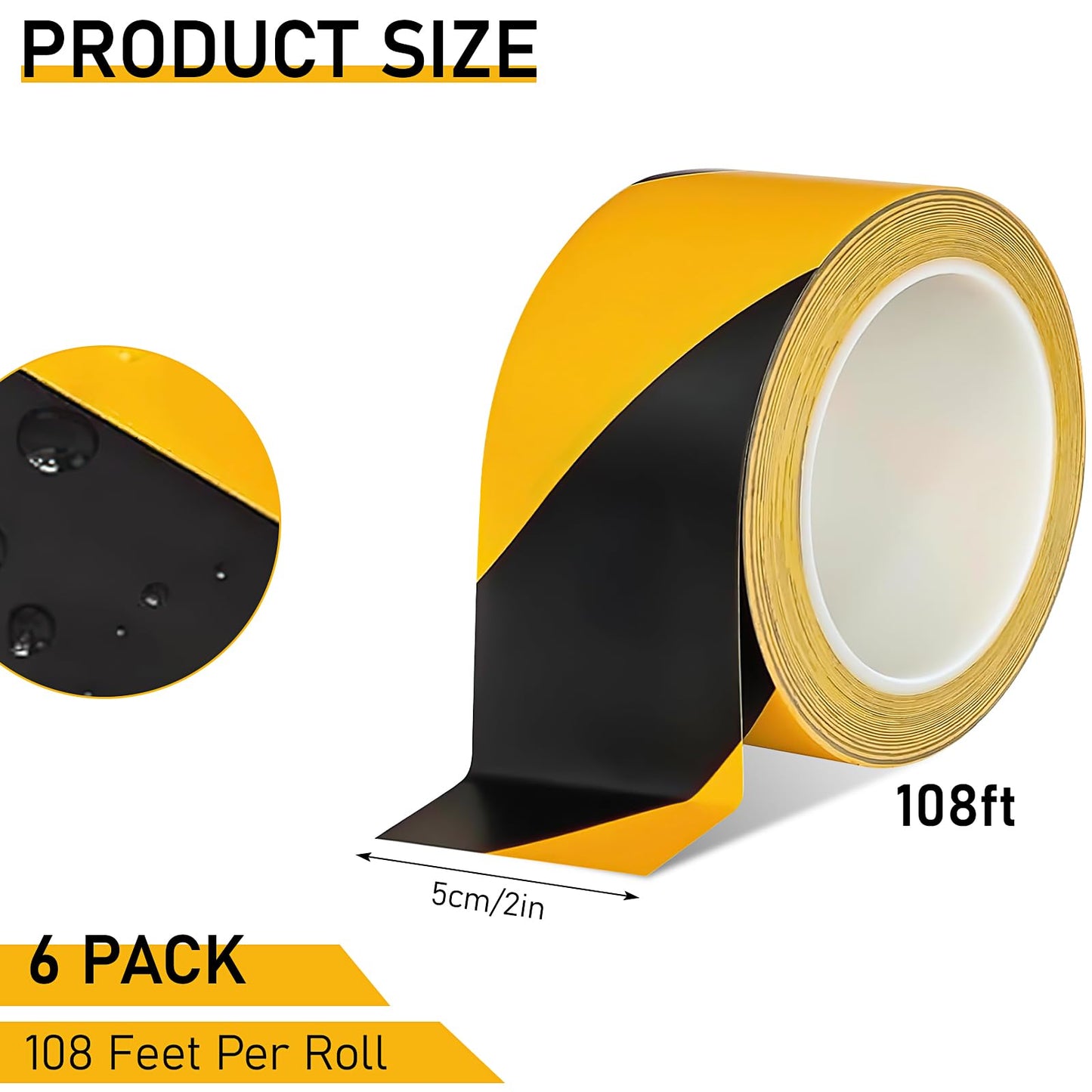 6 Pcs Black & Yellow Floor Hazard Marking Tape, 2 Inch x 108 Feet Caution Tapes Safety Warning Tape for Caution Self Adhesive Hazard Stripe Tapes for Stair, Outdoor Construction