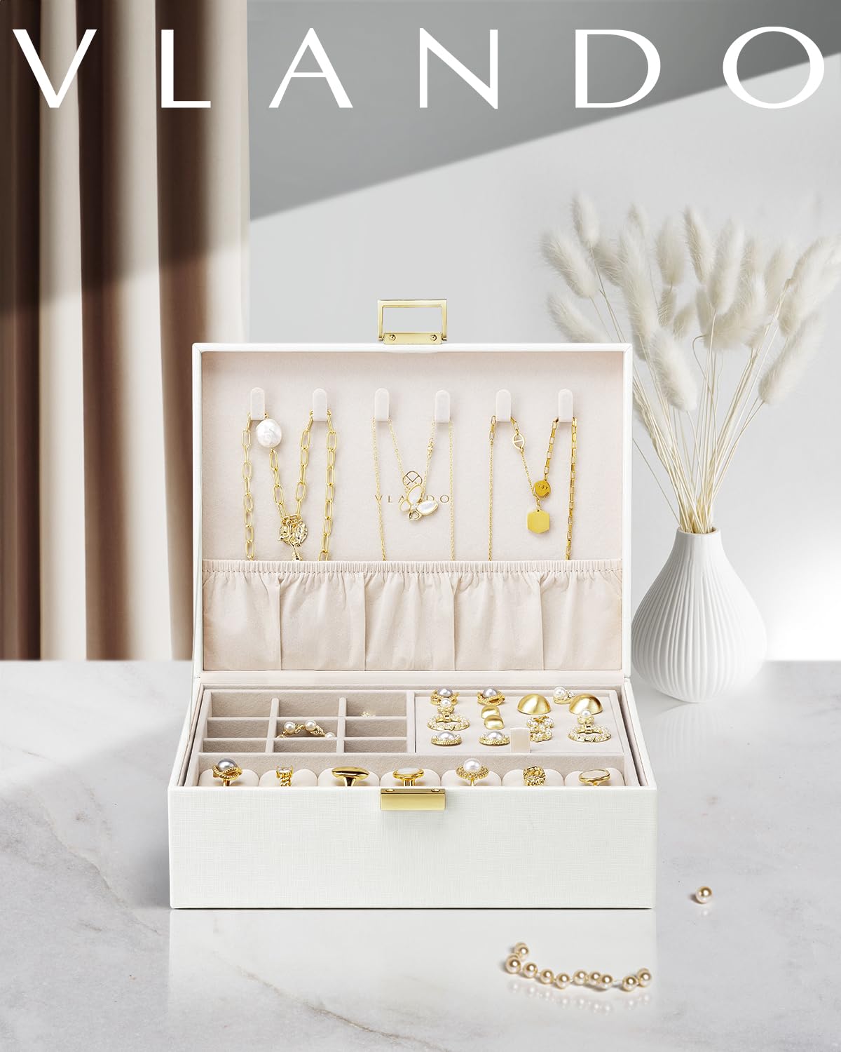 Vlando 2 Layer Jewelry Box Large Jewelry Organizer for Women Removable Jewelery Tray for Necklace Earrings Rings Bracelets Jewelry Boxes for Women Gift (White)