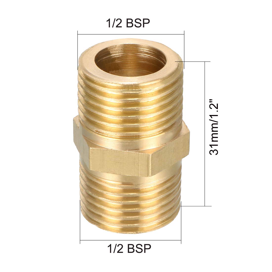 uxcell Brass Pipe Fitting, Hex Nipple, 1/2 BSP Male X 1/2 BSP Male Thread Connector 5pcs
