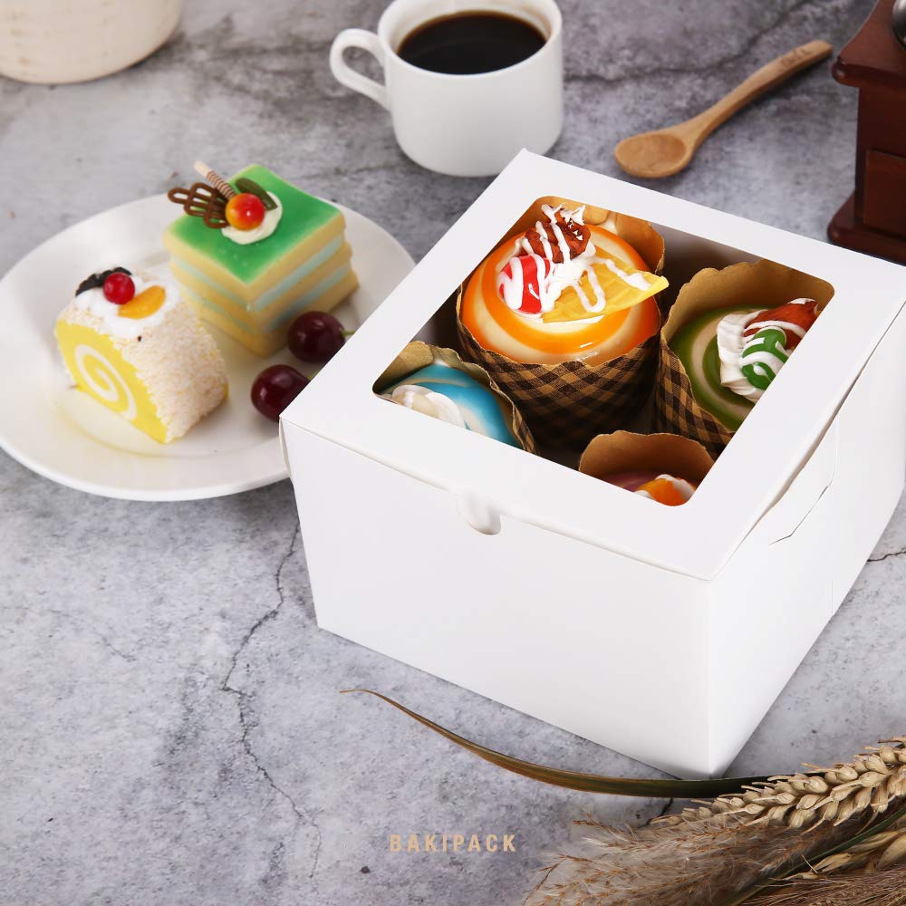 BAKIPACK 25 White Bakery Boxes with Window, 6x6x4 Inches Cake Boxes with Window, Treat Boxes for Small Bakery, Dessert, Candy, Cookies, Pastry, Party Favors, Wedding Cake