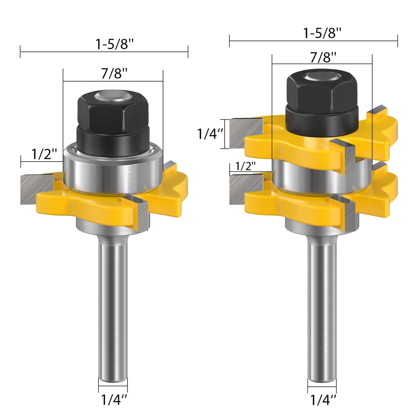 Tongue and Groove Router Bit Set with 1/4 Inch Shank, 2PCS Adjustable T Shape Tongue & Groove Router Bit Set, Cabinet Door Wood Milling Cutter Woodworking Tool for Grooving, Joinery