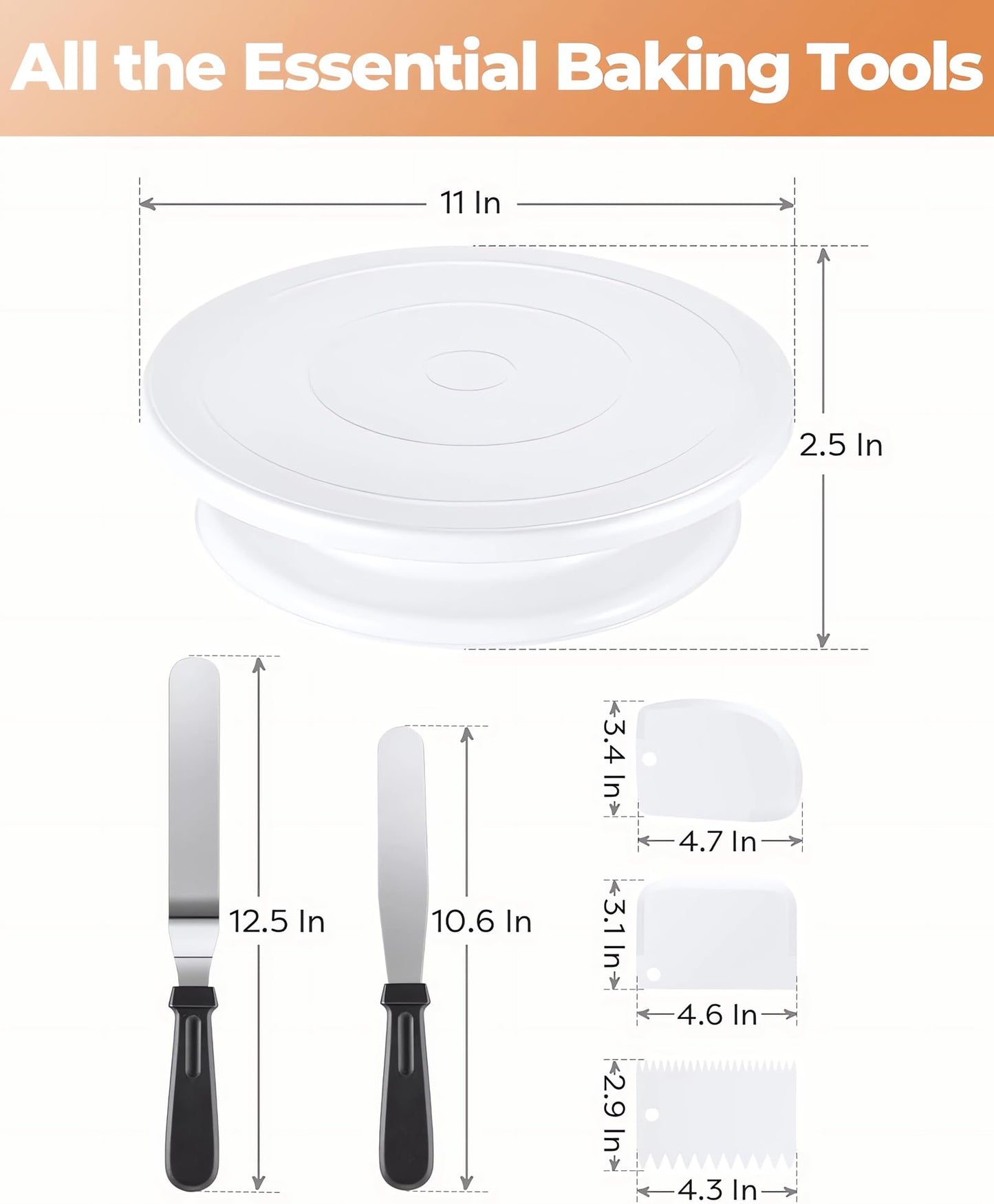 YCbingo 11 Inch Cake Rotating Turntable with 2 Icing Spatula and 3 Icing Smoother, Cake Rotating Turntable Stand White Baking Cake Decorating Supplies (6 PCS)