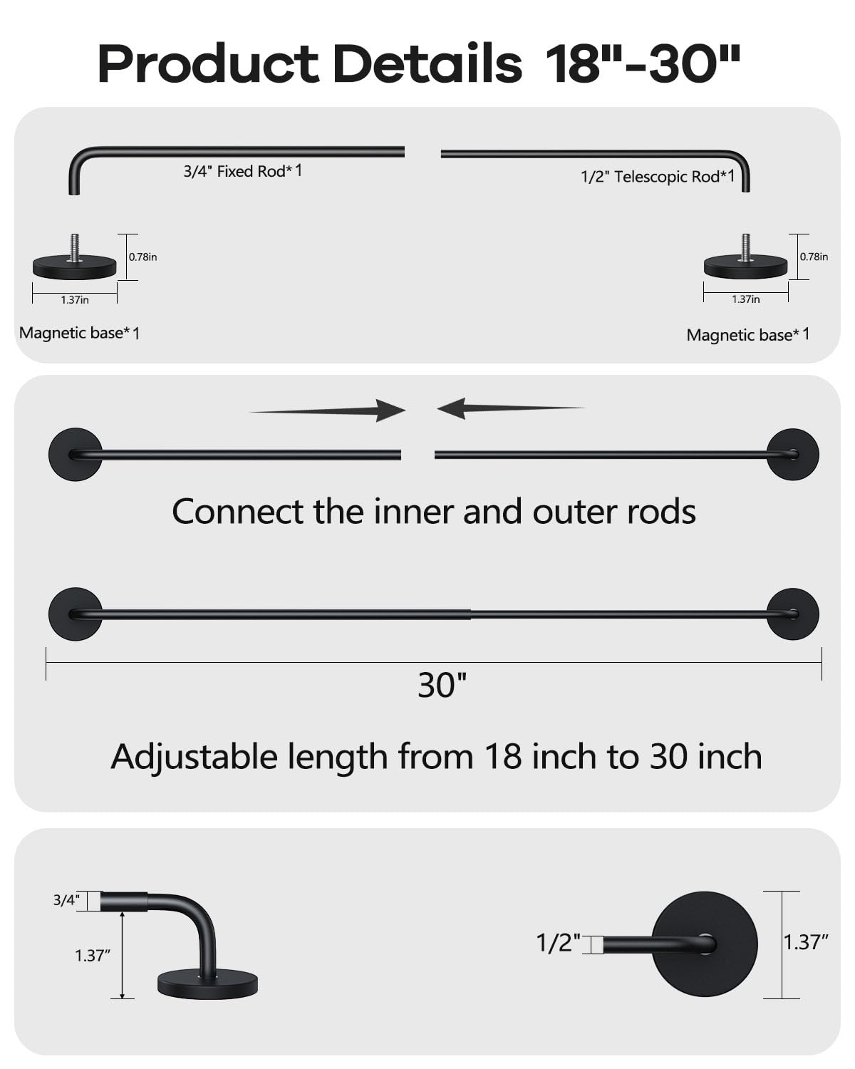Rodzwin 1 Pack Magnetic Curtain Rod for Metal Door, 16 to 30 Inch Curtain Rods 3/8 Inch Diameter Adjustable Magnetic Curtain Pole Magnet Rods for French Doors Window Metal Doors Cafe(Black, 1Pack)