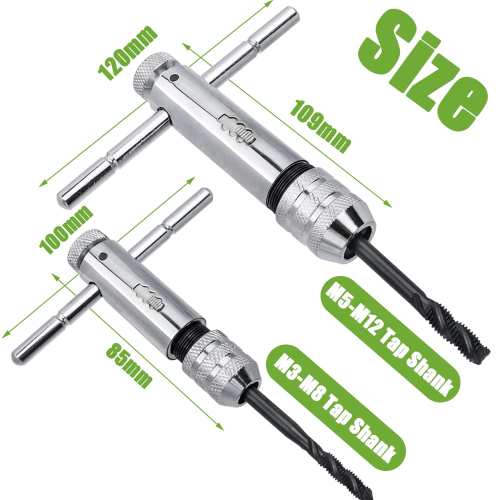 Bestgle 2 Pcs Ratcheting T-Handle Tap Holder Wrench Adjustable Ratchet Wrench Set for M3-M8 / M5-M12 Metric Screw Taps