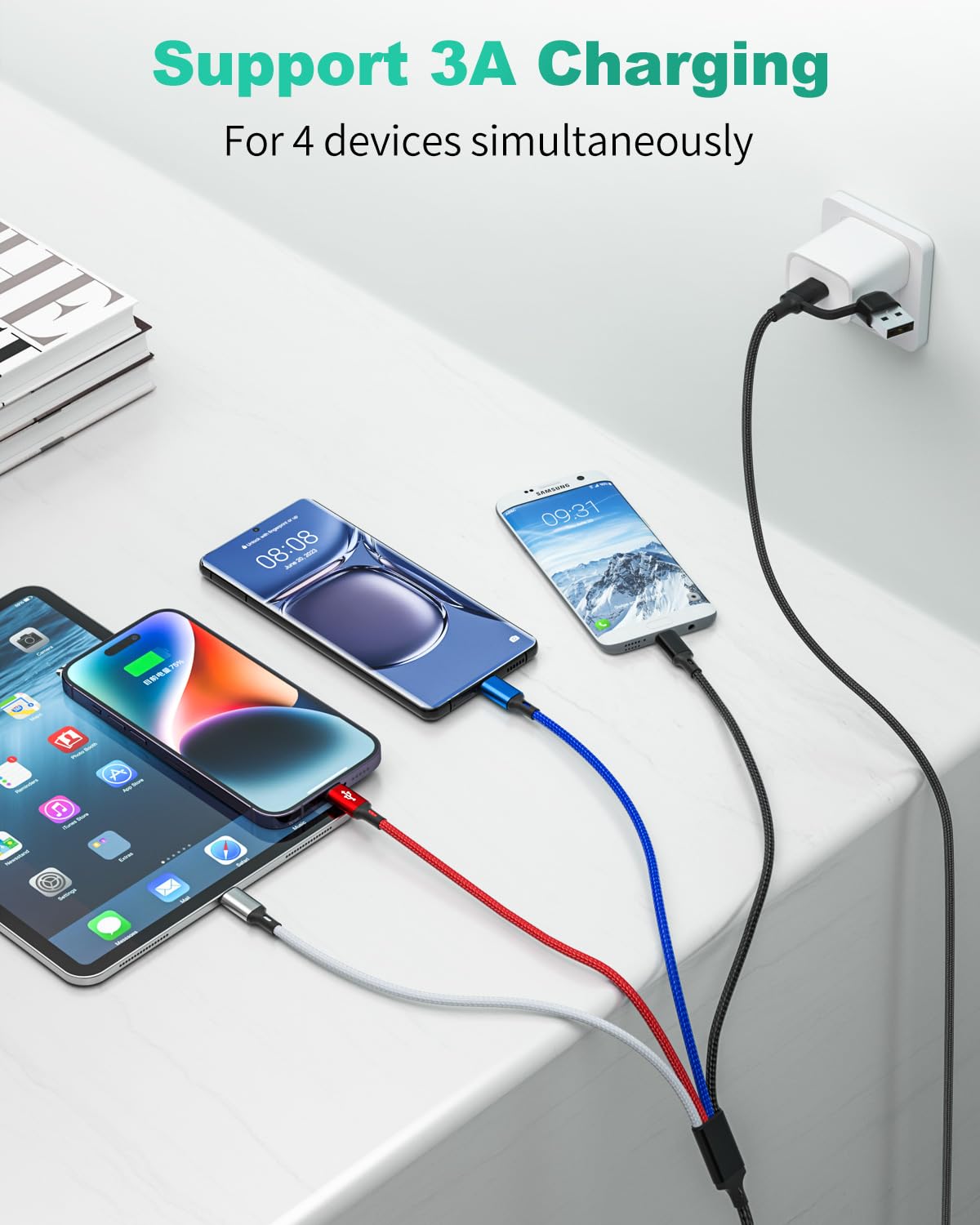 4 in 2 Multi Charging Cable, 3Pack 6FT Multi USB Cables, Chargers for Multiple Devices Nylon Braided USB A/C to 2*Lighting/Typc C/Micro USB Port Universal Charging Cable Multiple Ends for Phone