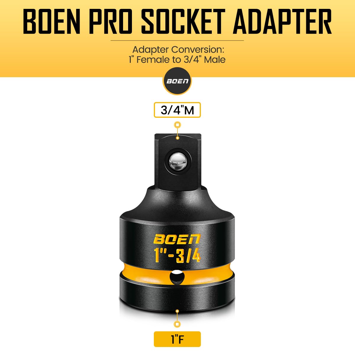 BOEN PRO 1" F to 3/4" M Impact Socket Reducer, Impact Driver Conversions for Impact Wrench, CR-MO Steel, Embossed and Painted Marking