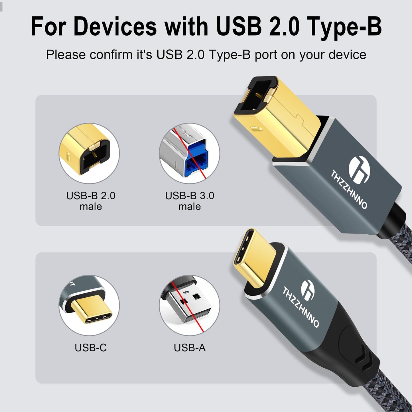 Thzzhnno USB B to USB C Printer Cable 15FT/5M, USB C to USB 2.0 B Cord for MacBook Pro, MIDI Cable for Yamaha Casio Digital Piano, MIDI Keyboard, DJ Controller