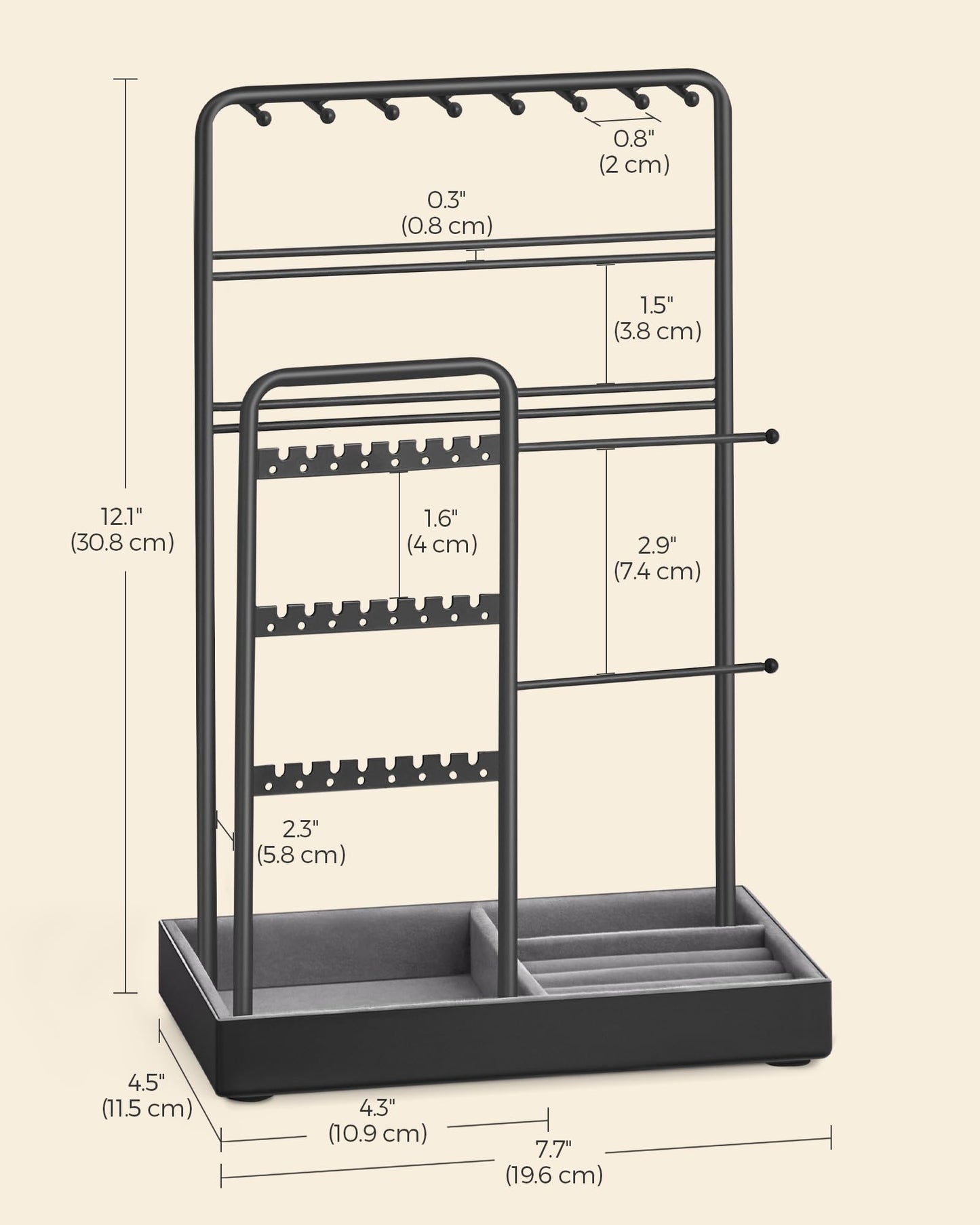 SONGMICS Jewelry Holder, Jewelry Organizer, Jewelry Display Stand with Metal Frame, Ink Black UJJS021B01
