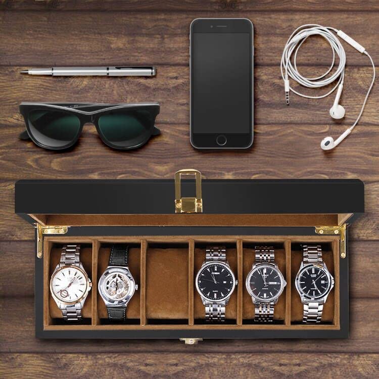 Baskiss 6 Slots Watch Box for Men, Solid Wood Luxury Display Storage Case Jewelry Organizer with Clear Top for Anniversary, Wedding, Birthday