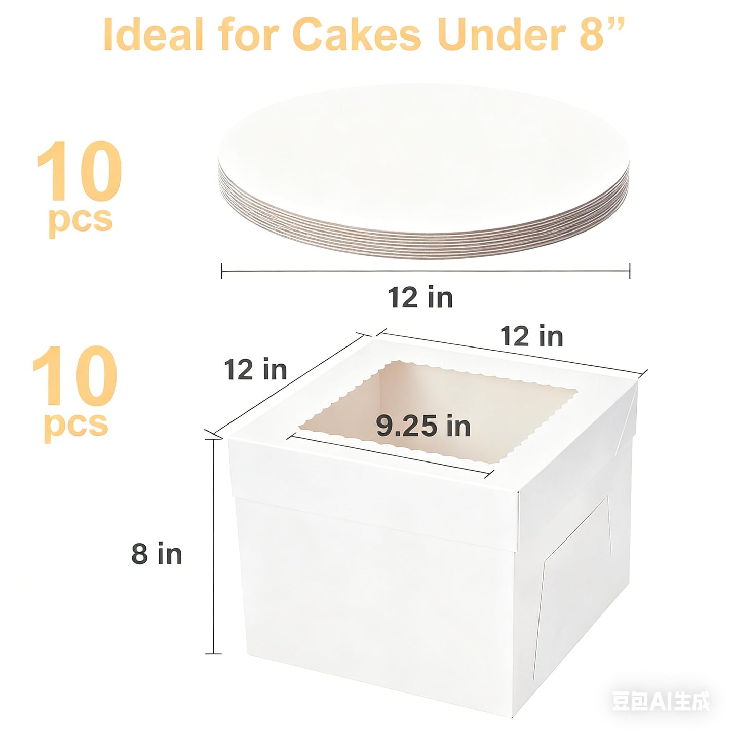 Miluoou 20pcs Cake Boxes with Cake Boards (10 Boxes & 10 Boards), 12x12x8 Inches White Bakery Box with Window, Large Baking Boxes, Square Cake Box for Multi-Layer Cakes, Cake Decorating Supplies