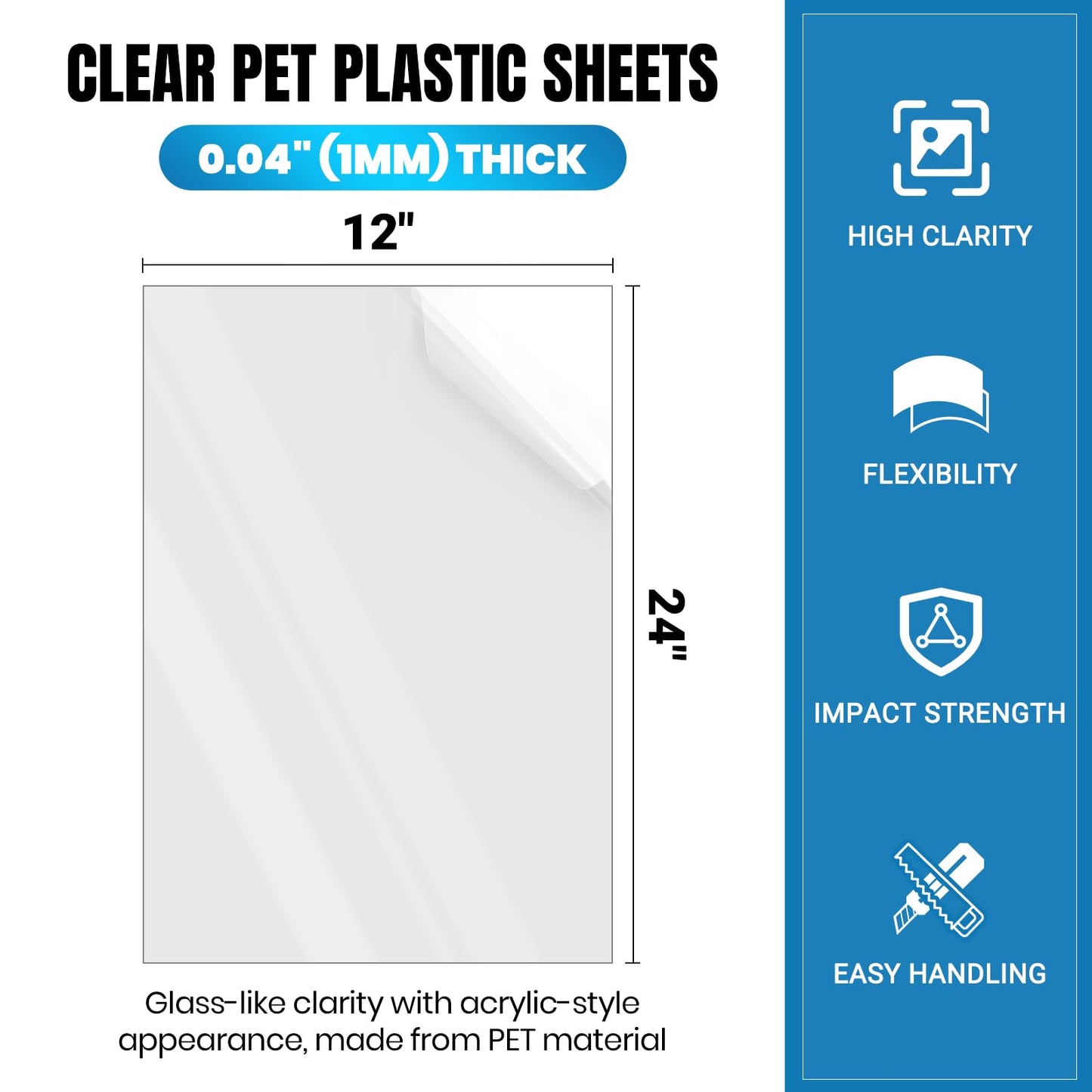 3 Pack PET Sheet Panels - 12" x 24" x 0.04" Clear Acrylic Sheet-Quality Shatterproof, Lightweight, and Affordable Glass Alternative Perfect for Poster Frames, Counter Barriers, and Pet Barriers.