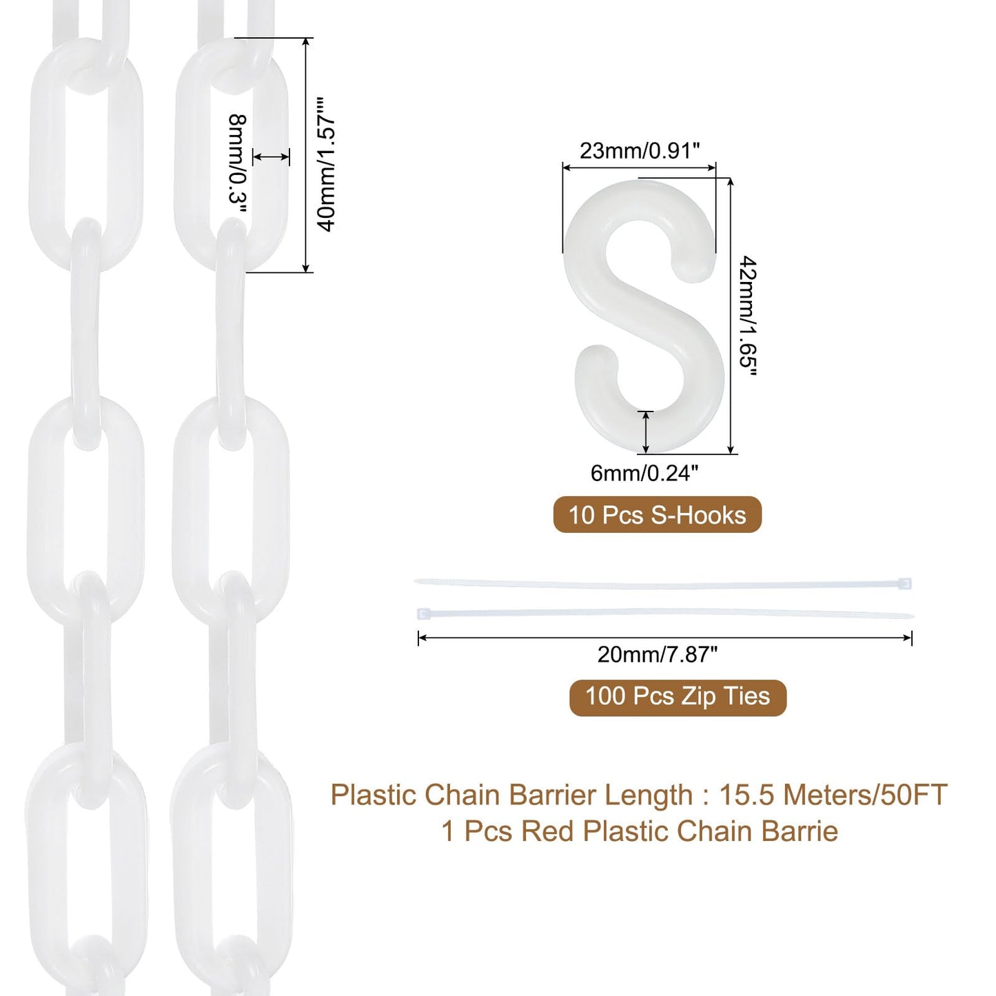 MECCANIXITY Plastic Chain 50 FT/15.5 M, Safety Chain White Plastic Chain Link Barrier with Zip Ties and S-Hooks for Crowd Control Queue Line Fence Decoration