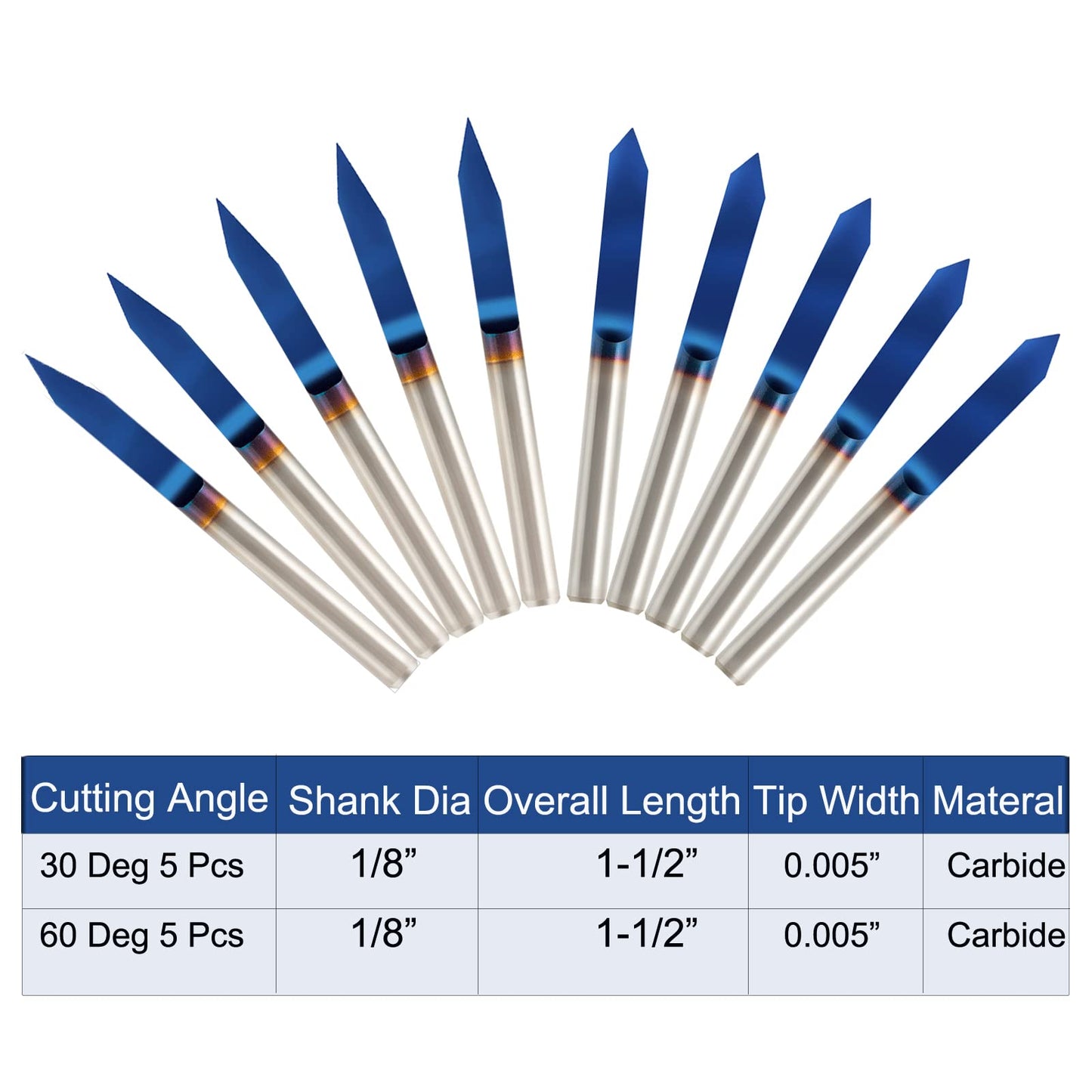 10pcs 30°& 60°Engraving Bits 1/8" Shank Nano Blue Coat Solid Carbide CNC Wood Carving Bits for 2D&3D Sculpture Signmaking