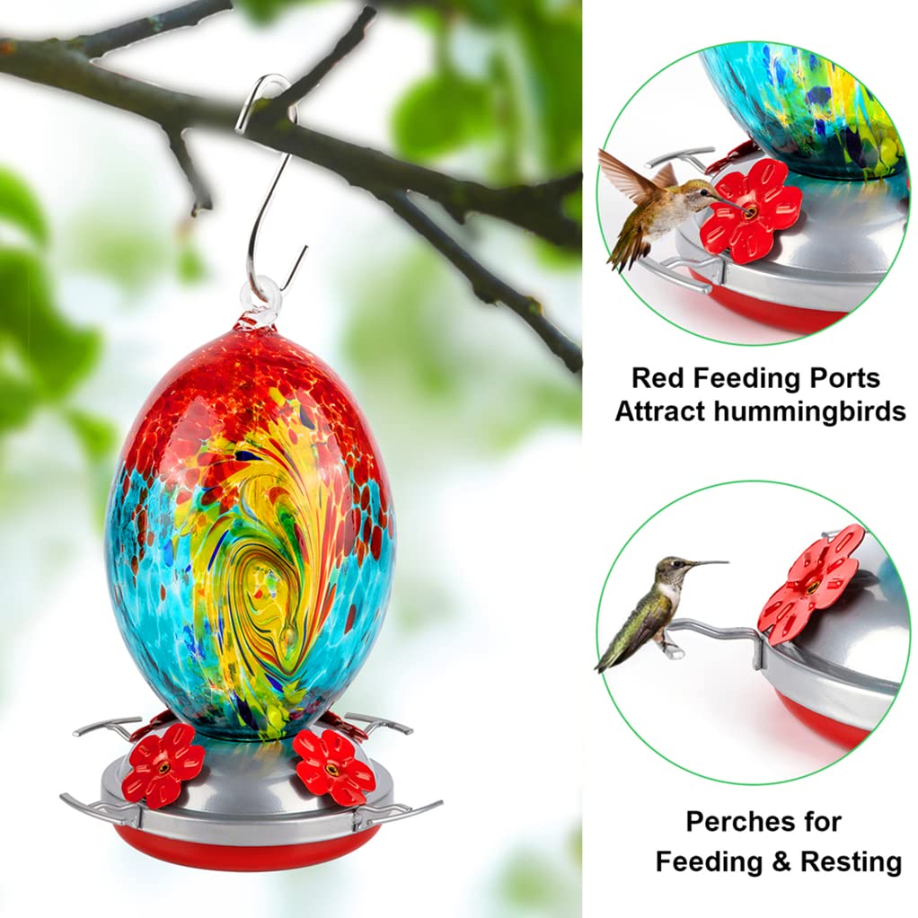 REZIPO Glass Hummingbird Feeder for Outdoors Hand Blown Glass 30 Ounces Colorful Patio Garden Hummingbird Feeder with Hooks, Brush and Service Card (Green)