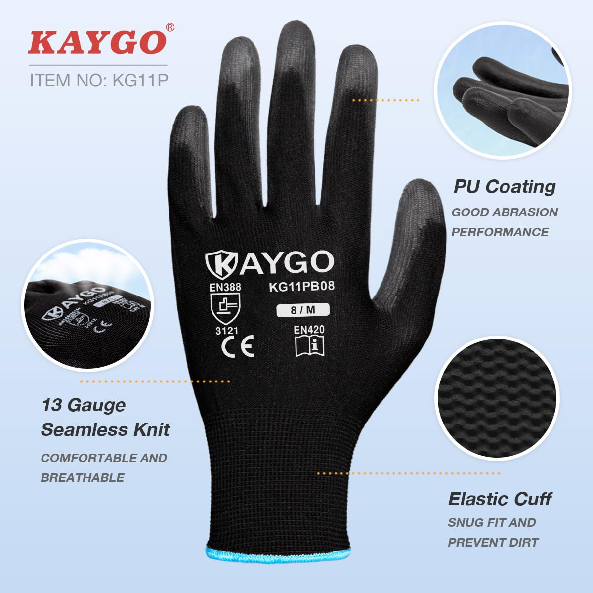 Safety Work Gloves PU Coated-12 Pairs,KAYGO KG11PB, Seamless Knit Glove with Polyurethane Coated Smooth Grip on Palm & Fingers, for Men and Women, Ideal for General Duty Work (M, Black)