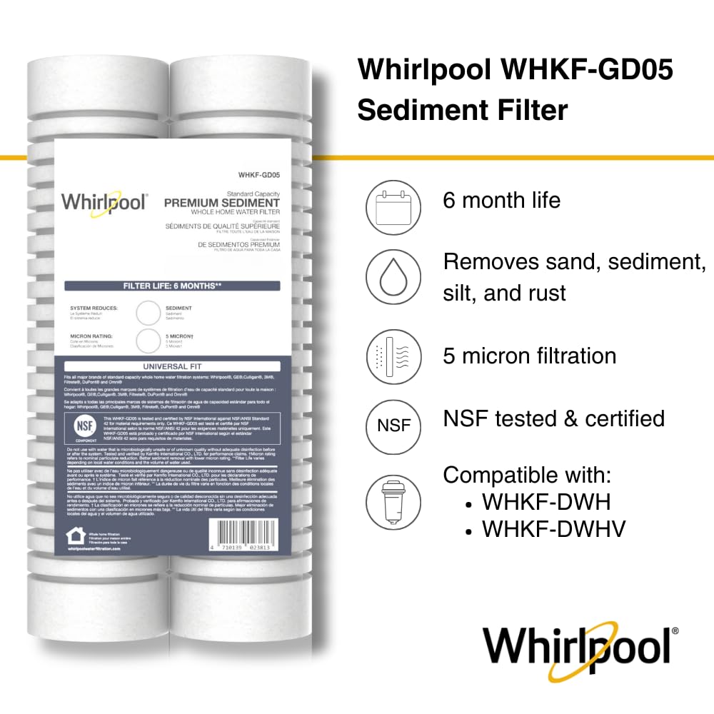 Whirlpool 10" x 2.5" Whole Home Standard Capacity Sediment Filters WHKF-GD05, 5 Micron, 6-Month Filter Life, Reduces Sediment, Sand, Soil, Silt & Rust, for Standard Filter housings, 2-Pack