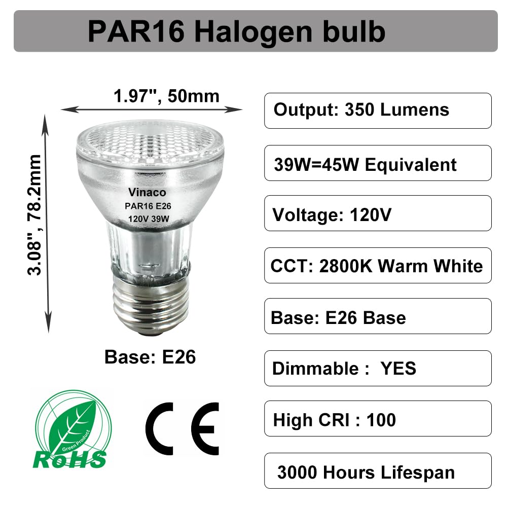 Vinaco PAR16 Halogen Bulb 39 Watt, 6 Pack High Output 350LM PAR16 Bulb(45w Equivalent, PAR 16 Flood 45W Warm White 2800K, PAR16 Dimmable with E26 Base, Halogen 45W PAR16 Long Neck for Ceiling Light