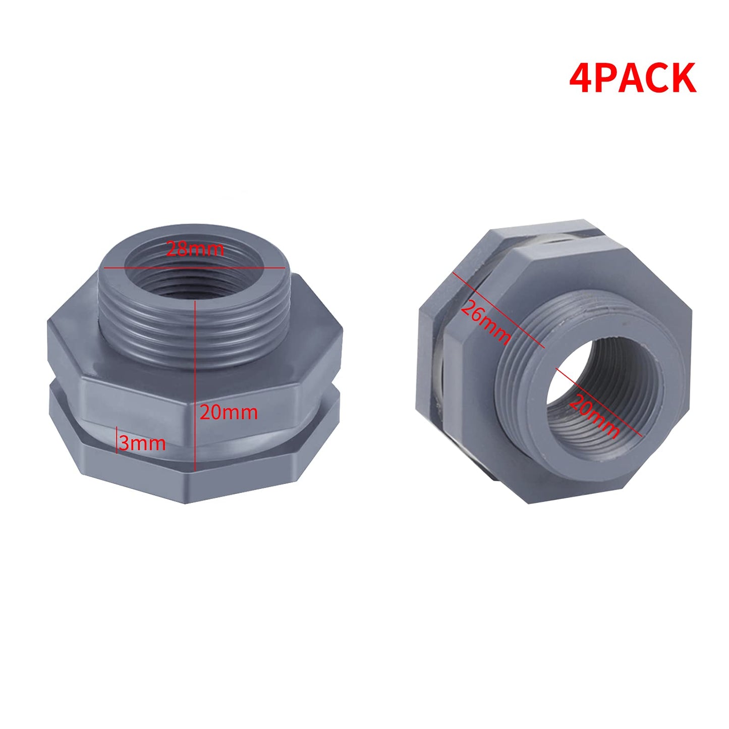 UgyDuky 4 Pieces PVC Bulkhead Fitting for Rain Barrels, Aquariums, Water Tanks, Tubs, Pools - Grey (1/2 Inch)