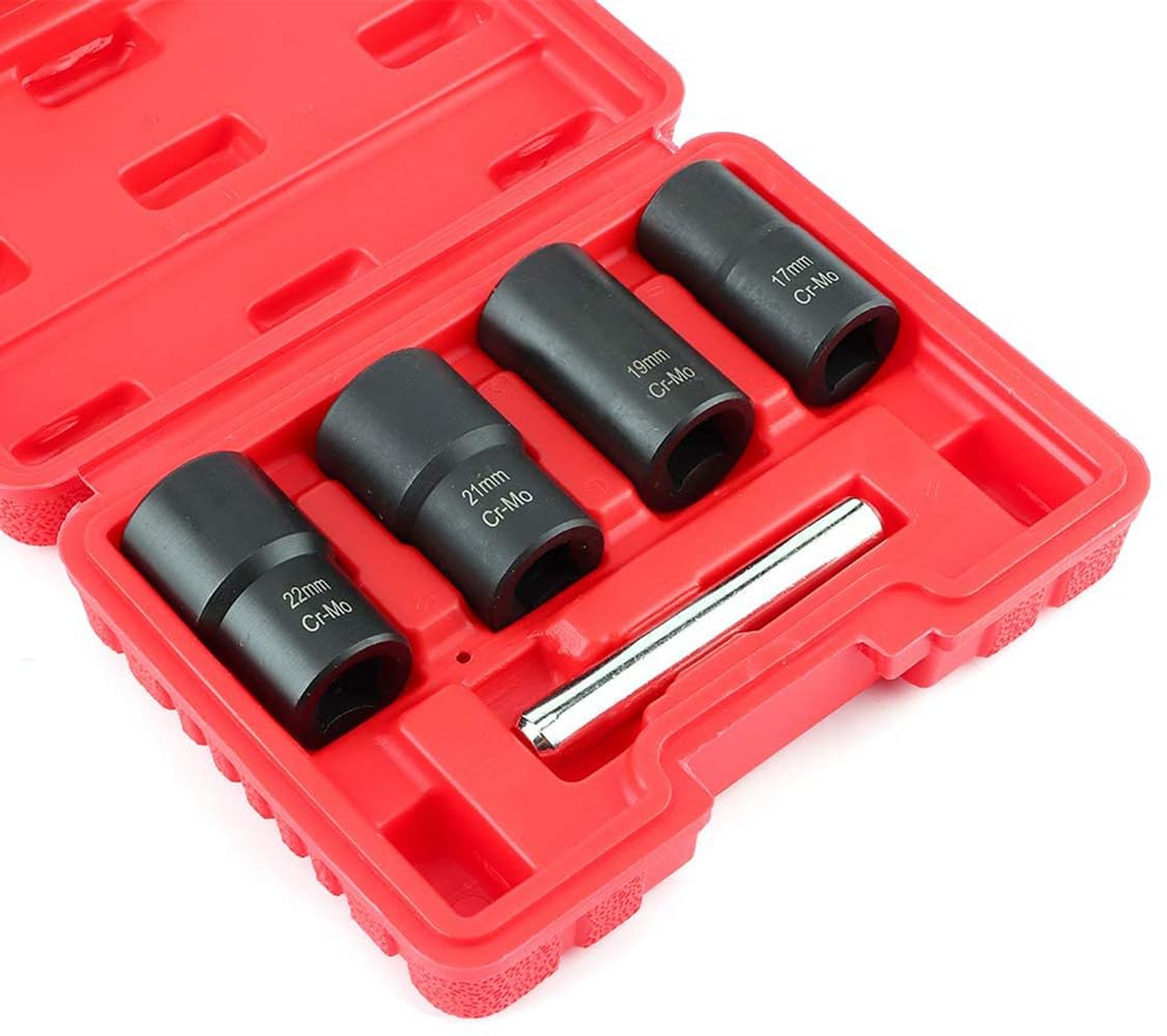 5 Pieces Twist Socket Set, Lug Nut Remover Extractor Tool,Metric Bolt and Lug Nut Extractor Socket Tools - 17MM,19MM, 21MM, 22MM,Red