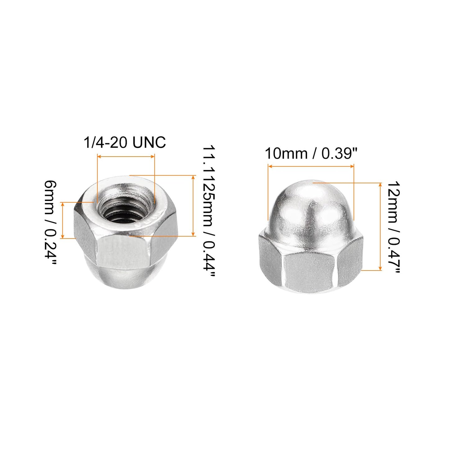 uxcell 1/4-20 Acorn Cap Nuts,50pcs - 304 Stainless Steel Hardware Nuts, Acorn Hex Cap Dome Head Nuts for Fasteners (Silver)