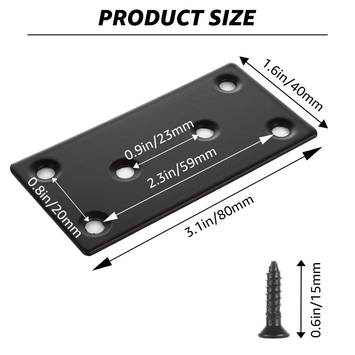 30 Pack Black Flat Mending Plates, 3.1x1.6 Inch Stainless Steel Straight Mending Joining Plates, Metal Plate with Holes for Wood, Flat Brackets for Wood Furniture Fence Bookcase (Screws Include)